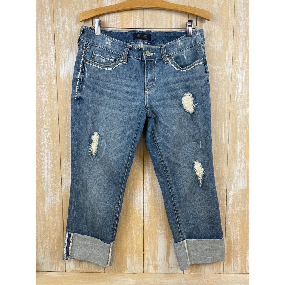 Seven7 Capri Jeans Sewn Cuffed Hem Women's 8 Blue Lightweight Distressed Denim